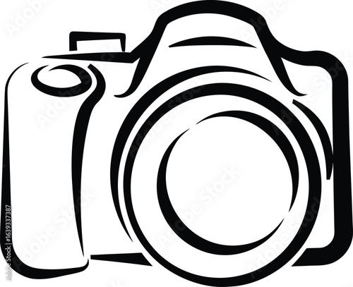 Camera vector icon illustration, simple black and white line art, minimalist photography symbol, clean design for photo, media, and creative projects