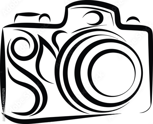 Camera vector icon illustration, simple black and white line art, minimalist photography symbol, clean design for photo, media, and creative projects