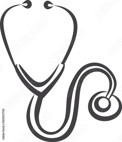 Stethoscope vector icon illustration, simple black and white line art, minimalist medical tool symbol, clean healthcare design for doctor, nurse, and health monitoring projects