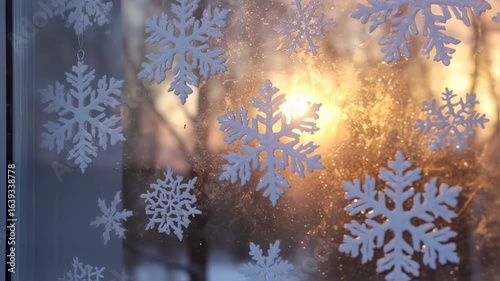 Winter Sunset Glow: Paper Snowflakes on Windowpane