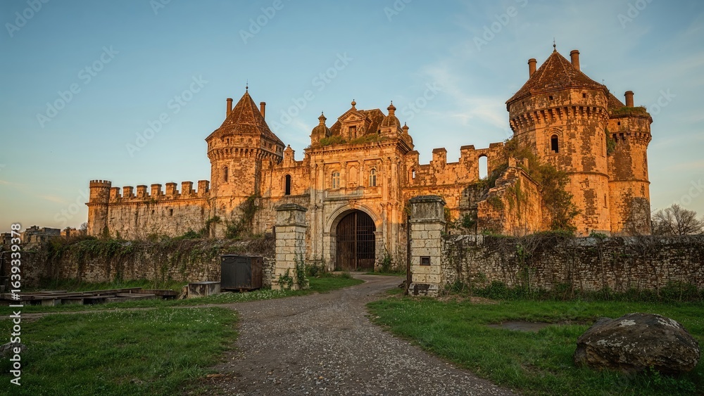Fototapeta premium Historic fortress gate and wall remains in a local district