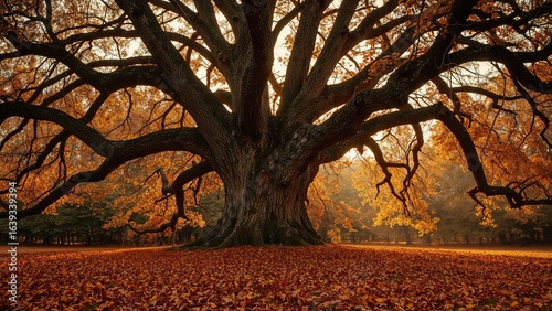 Large tree with contorted limbs and seasonal colored leaves