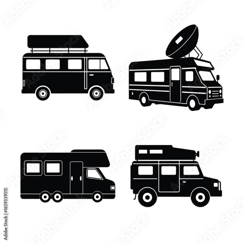 rv camper van car silhouette for road travel vacation outdoor camping and recreational vehicle vector silhouette on white background