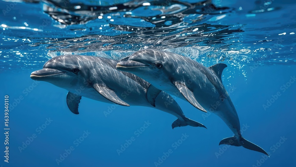 Fototapeta premium Marine Creatures - A pair of dolphins frolicking in clear blue sea