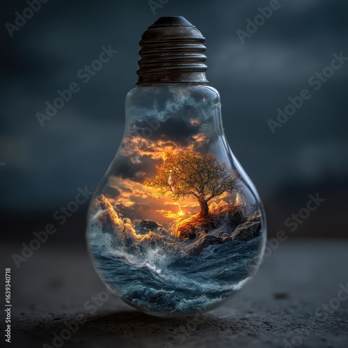 Coastal Sunset Scene Inside Lightbulb, Creative Concept