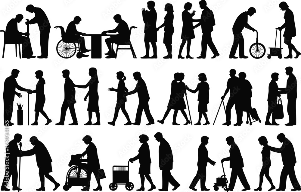 Obraz premium Silhouettes of elderly people, caregivers assisting seniors, using walkers, canes, wheelchairs, support, mobility aid, social care, daily activities.