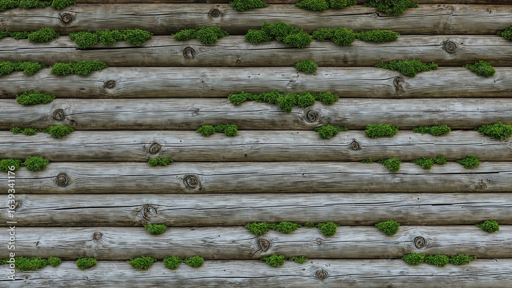 Aged wooden wall made of horizontal logs with natural knots and moss, viewed from the side Aged wooden wall made of horizontal logs with natural knots and moss, viewed from the side
