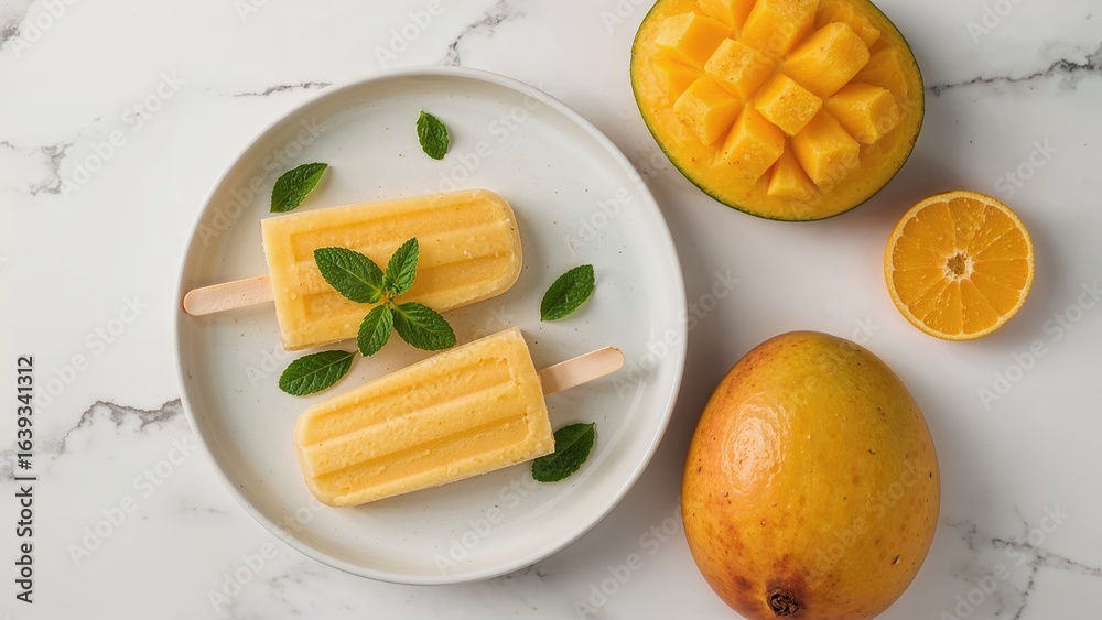 Frozen mango smoothie with mint and fresh fruit, served on a plate over white marble, featuring organic ice cream and popsicles, healthy dessert options, top-down view, space for text Frozen mango smoothie with mint and fresh fruit, served on a plate over white marble, featuring organic ice cream and popsicles, healthy dessert options, top-down view, space for text