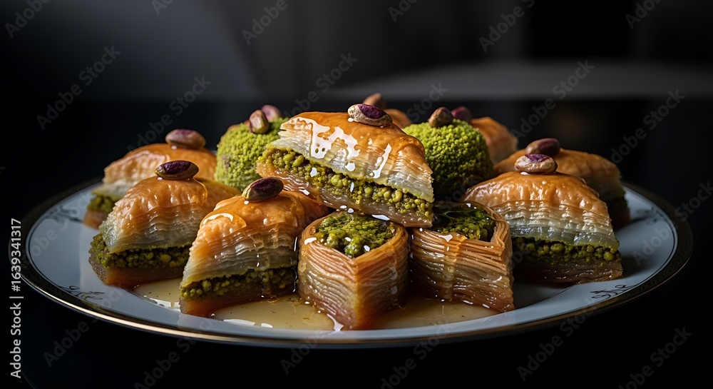 Delicious Turkish Baklava with Pistachios on a Decorative Plate Delicious Turkish Baklava with Pistachios on a Decorative Plate