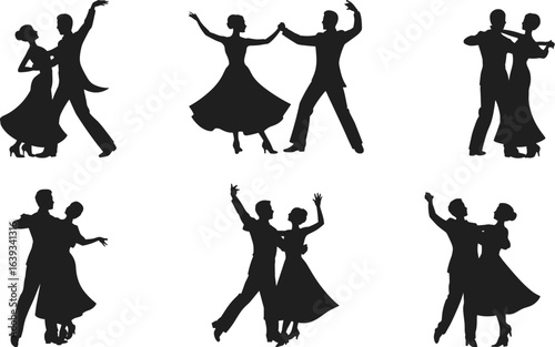 Elegant couple dancing silhouettes, ballroom dancers in motion, romantic performance, formal dance, classical waltz style, isolated on white background.