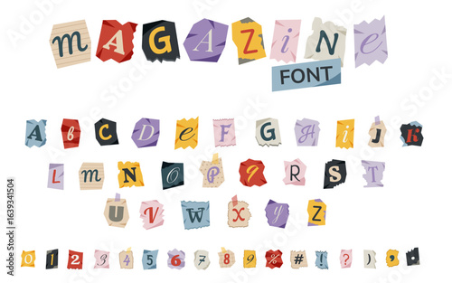 Magazine font. Letters and numbers cut from newspapers and magazines. Anonymous, ransom, magazine, newspaper alphabet.