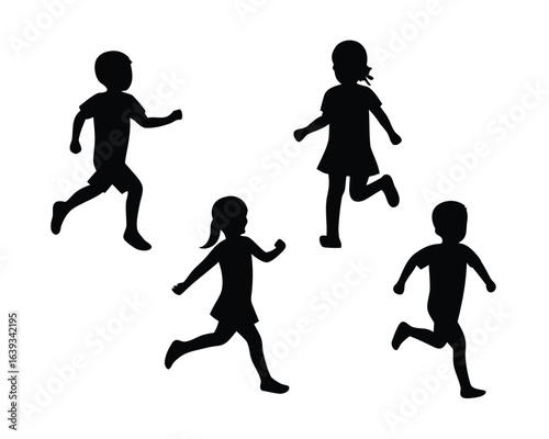 Four children running together silhouette