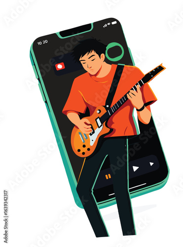 A modern vector-style illustration of a young guitarist with black hair playing an electric guitar, emerging from a turquoise smartphone screen. Minimalist flat color design with vibrant orange and gr