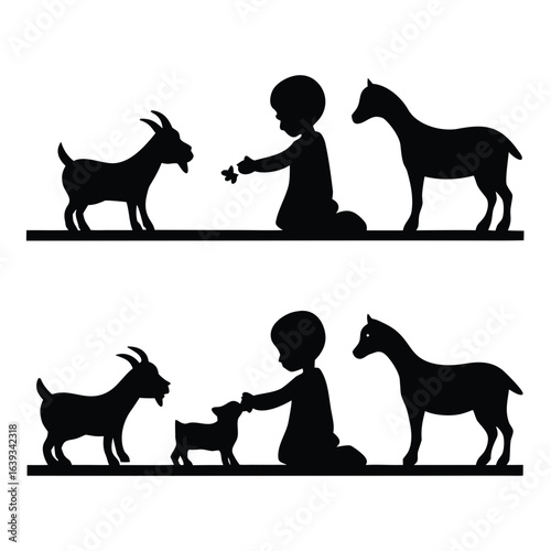 Child feeding goats silhouette in two scenes