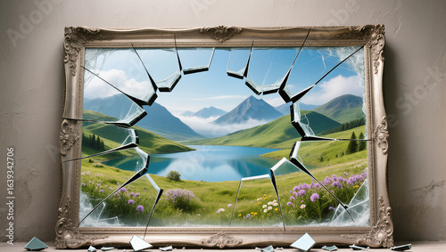 Stunning landscape breaks through cracked frame in artistic display