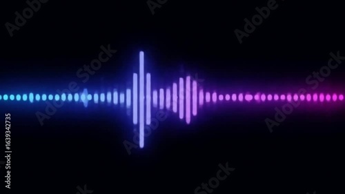 Vibrant neon audio waveform glowing with a blue and purple light gradient on a dark background, visualizing sound frequency