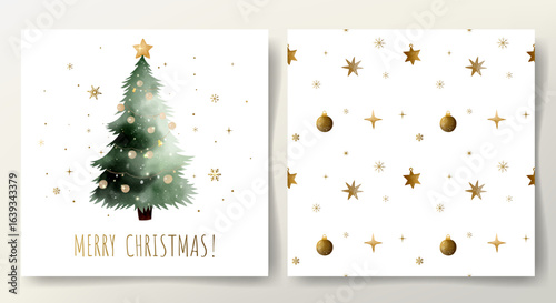 Set of Christmas tree postcard and seamless pattern with golden snowflakes. Watercolor winter holiday design