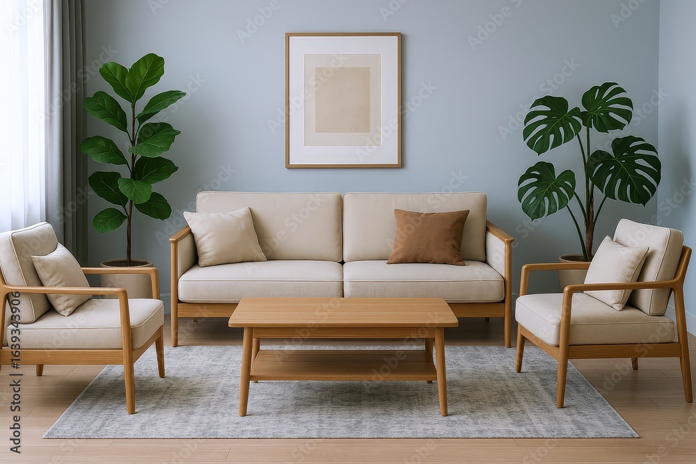 Serene Living Room with Modern Wooden Furniture, Lush Green Plants, and Minimalist Artwork