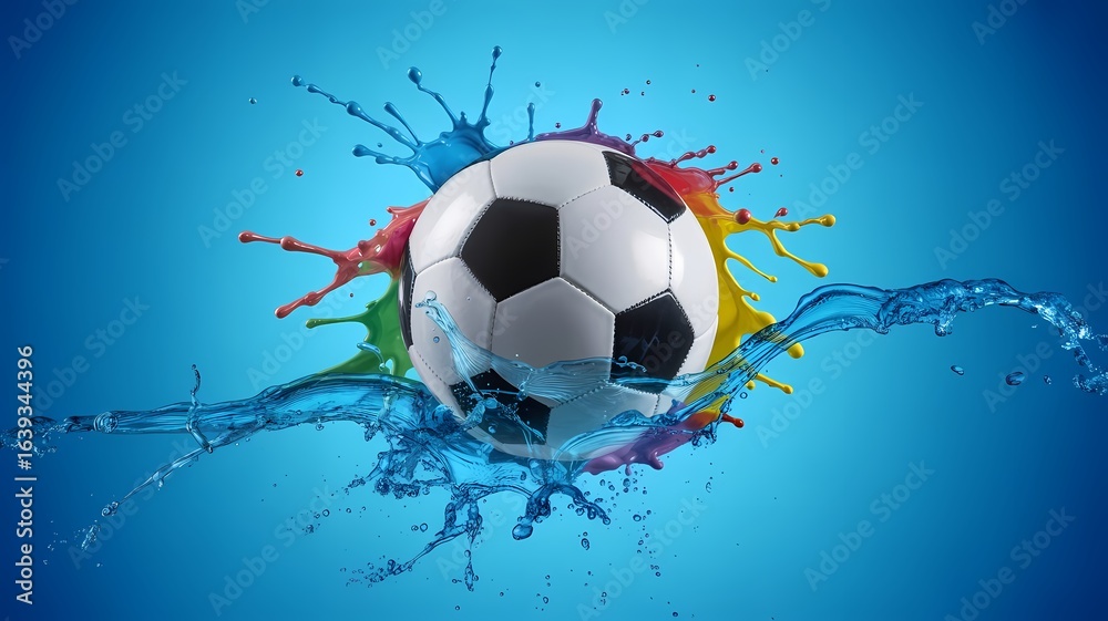 Fototapeta premium Vibrant high-resolution soccer ball with colorful paint and water splash on blue background, ideal for sports branding, youth events, tournament posters, creative ads, and energetic promotional visual
