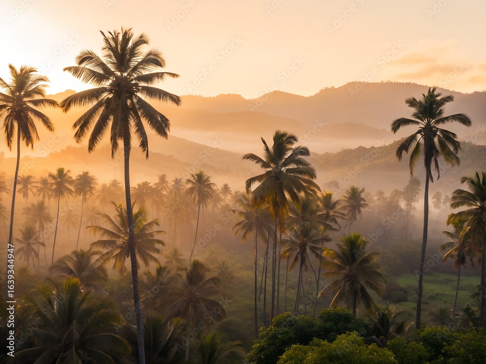 Golden Sunrise over Misty Tropical Landscape with Palm Trees Golden Sunrise over Misty Tropical Landscape with Palm Trees