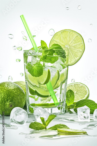 Caipirinha Cocktail in Short Glass with Lime Wedges, Mint Leaves, and Green Straw