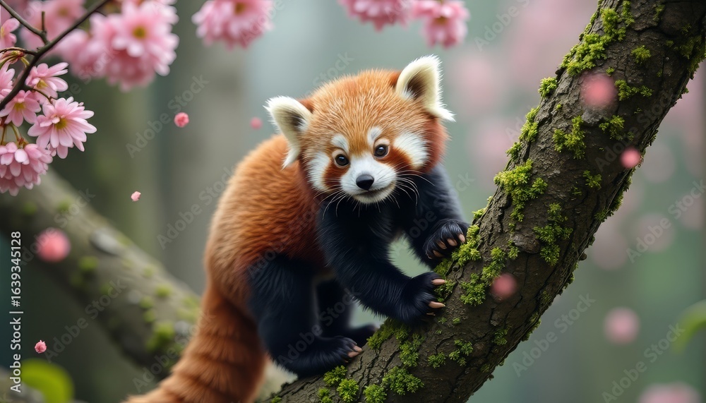 Fototapeta premium Red Panda Climbing Tree Branch with Flowers