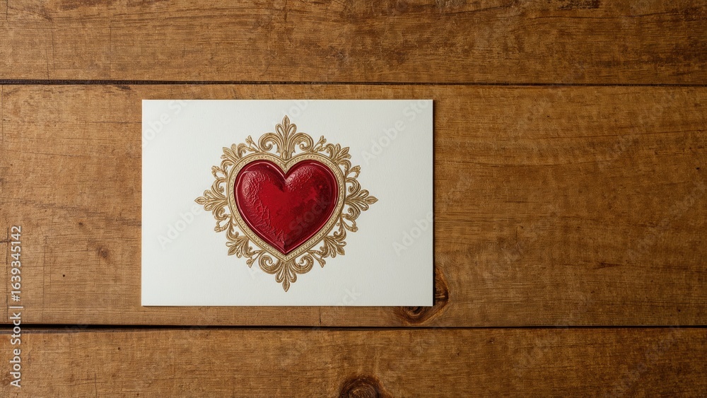 Heart-adorned empty card placed on a wooden tabletop Heart-adorned empty card placed on a wooden tabletop