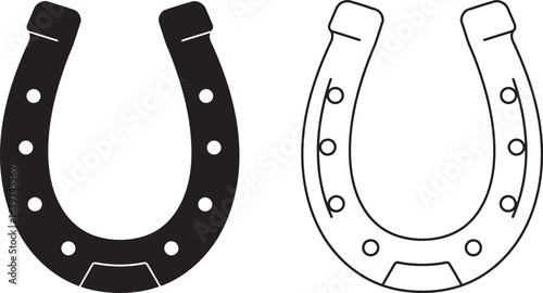 Horseshoe Icons in Black Silhouette and Outline Style for Luck and Symbolism