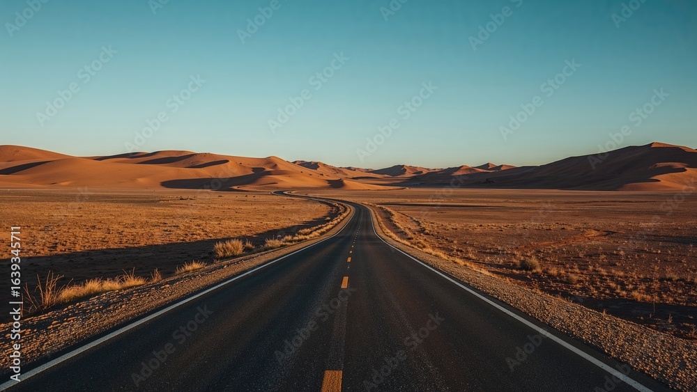 Naklejka premium Vacant street running through arid desert hills with space for writing