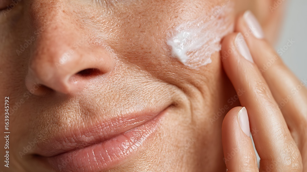 Fototapeta premium Woman gently applying nourishing cream to her face for healthy, glowing skin and anti-aging benefits.