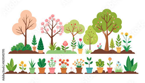 A charming collection of garden elements showing seasonal growth, including blossoming trees, shrubs, and various colorful potted flowers illustration.