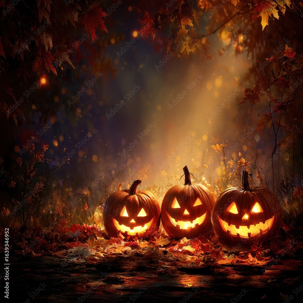 Fototapeta premium Autumn Jack-o'-Lanterns Forest Scene