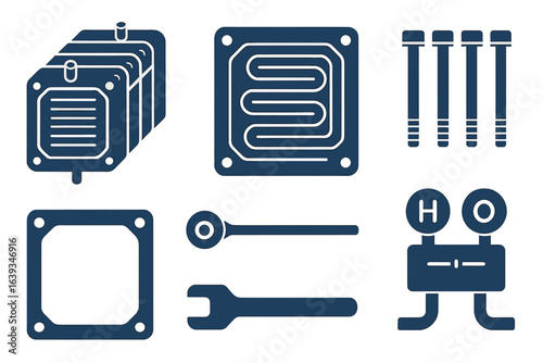 Collection of mechanical components including heating elements and tools arranged on a white background for industrial use