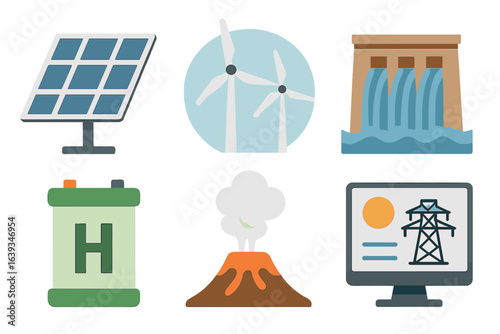 Renewable energy sources displayed through icons including solar, wind, hydro, geothermal, and hydrogen technologies