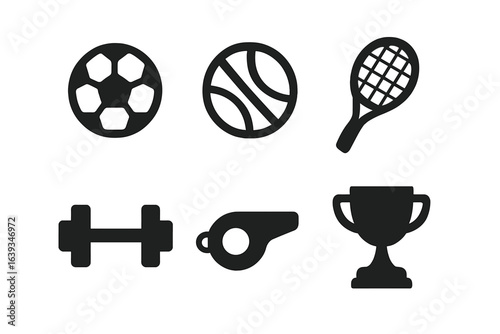 Various sports equipment and symbols are displayed, representing soccer, basketball, tennis, fitness, and competition