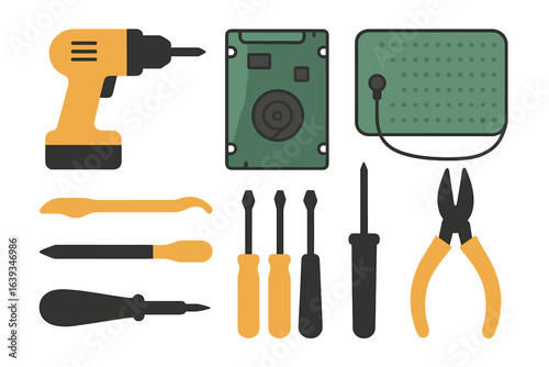 Tool kit with power drill, screwdrivers, pliers, and various hand tools arranged neatly on a surface