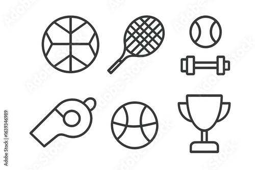 Collection of sports equipment including basketball, tennis racket, and trophy displayed against a neutral background