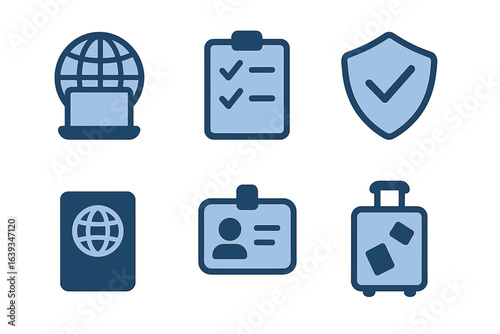 Travel essentials icons representing preparation, documentation, and safety for international journeys