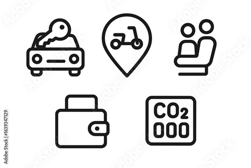 Transport options and sustainability symbols showcasing shared mobility and environmental impact