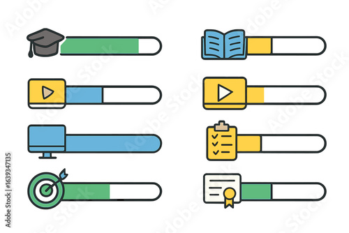 Progress indicators for various educational activities displayed in a colorful format