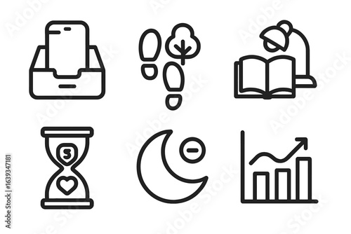 Icons representing productivity tools and time management strategies used in daily life