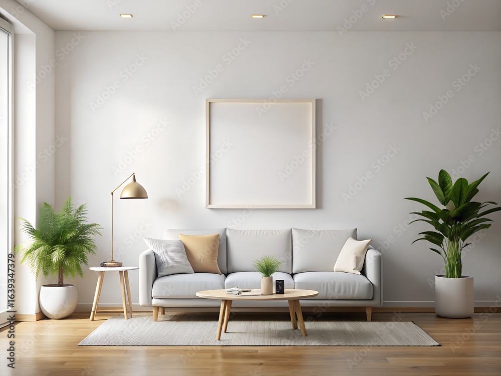 Fototapeta premium Bright Minimalist Living Room with Gray Sofa and Plants