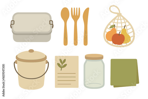 Various kitchen items including containers, utensils, and fruits displayed on white background for home organization and meal prep