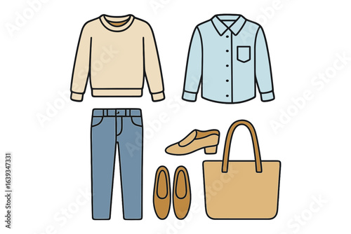Stylish outfit combination featuring casual top, dress shirt, jeans, and footwear on a clean background
