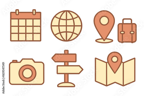 Travel planning icons showcasing calendar, globe, location marker, suitcase, camera, and map for organizing adventures