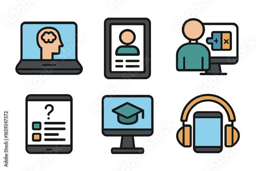 Digital learning tools for education and personal development featuring various devices and icons