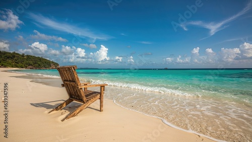 Fototapeta Naklejka Na Ścianę i Meble -  Beach chair placed along a quiet island waterfront