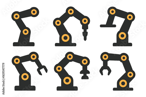 Robotic arms in various configurations for industrial automation and assembly tasks