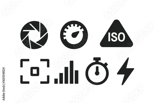 Camera settings icons showcasing essential photography concepts in a minimalist design