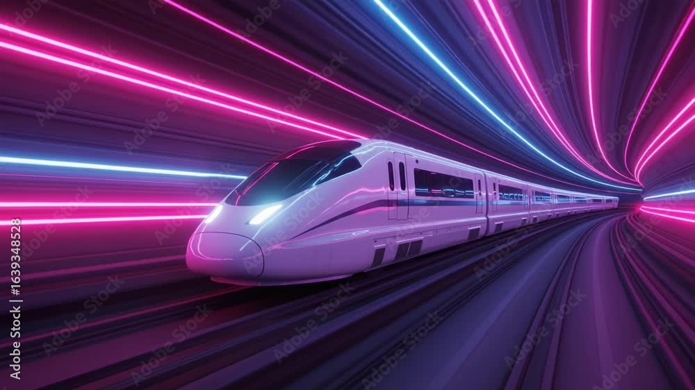 A Futuristic High-Speed Train Journeying Through a Neon Tunnel of Light, Capturing the Essence of Speed and Innovation in a Vividly Colorful Environment